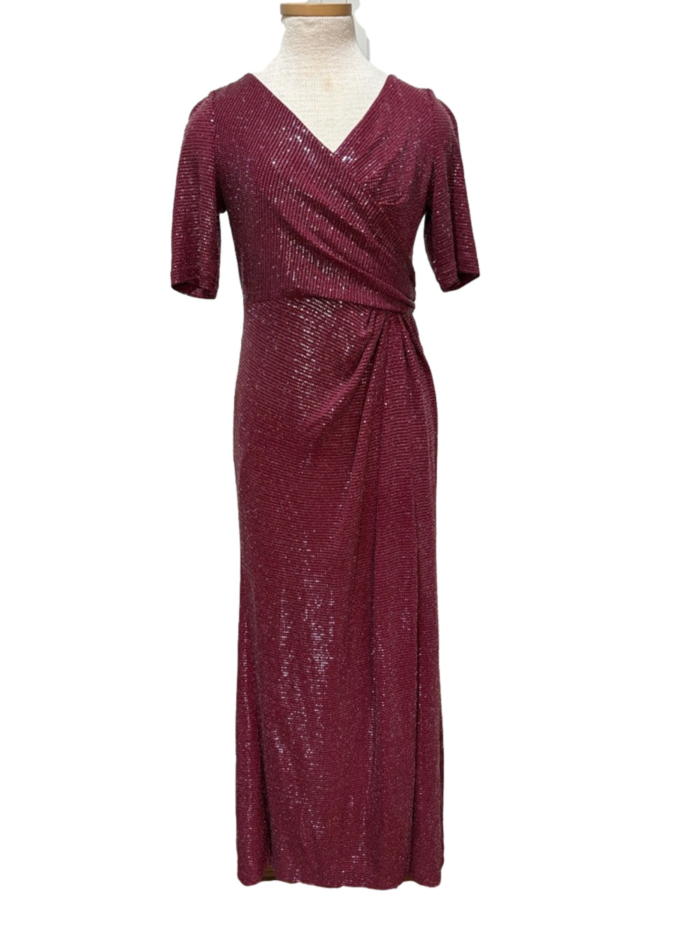 Adrianna Papell Burgundy Sequin V-Neck Wrap Gown